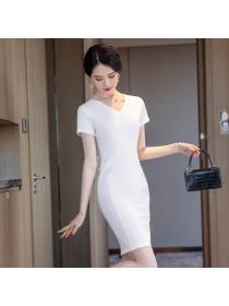 Summer short-sleeved temperament slim v-neck mid-length dress