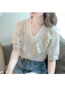 Studded ruffled short-sleeved temperament lace shirt