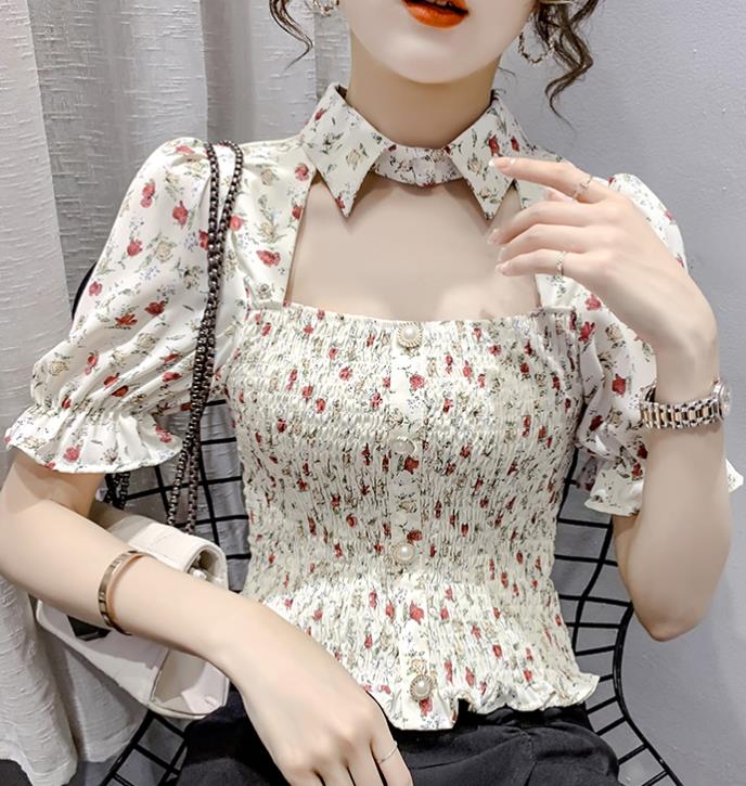 Korean Style Hollow Out Gauze Short Style Blouse