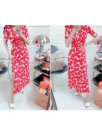 Korean Style V  Collars Floral Printing Show Waist Dress
