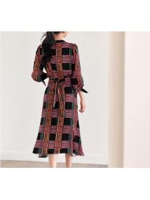 Korean Style Grid Printing Show Waist Dress 