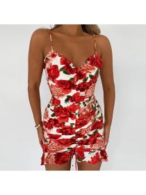 Outlet hot style Summer Sexy V-neck Rose print Sling dress