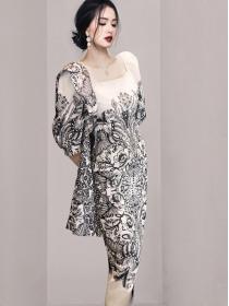 Korean style temperament square neck stitching ruffled printed  slim dress