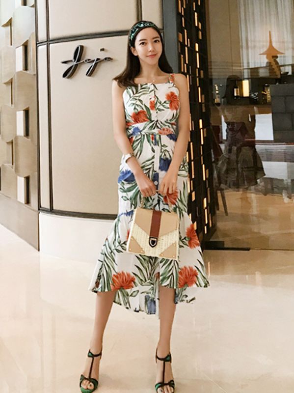 Korean Style Printing Show Waist Nobel Dress