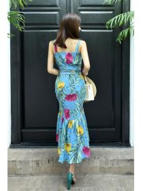 Korean Style Printing Show Waist Nobel Dress 