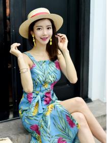 Korean Style Printing Show Waist Nobel Dress 