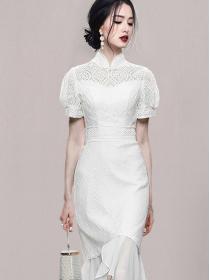Stand Collars Hollow Out Lace Matching Dress 