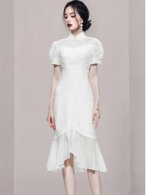 Stand Collars Hollow Out Lace Matching Dress 