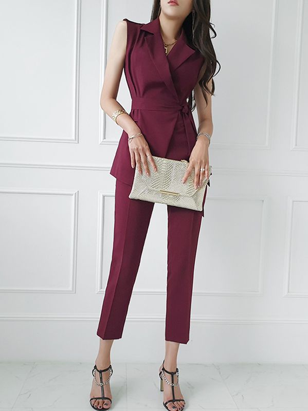 Korean Style Lace-Up Suit Vest Top Fashion Slim Women's Pants Set