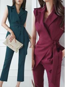 Korean Style Lace-Up Suit Vest Top Fashion Slim Women's Pants Set