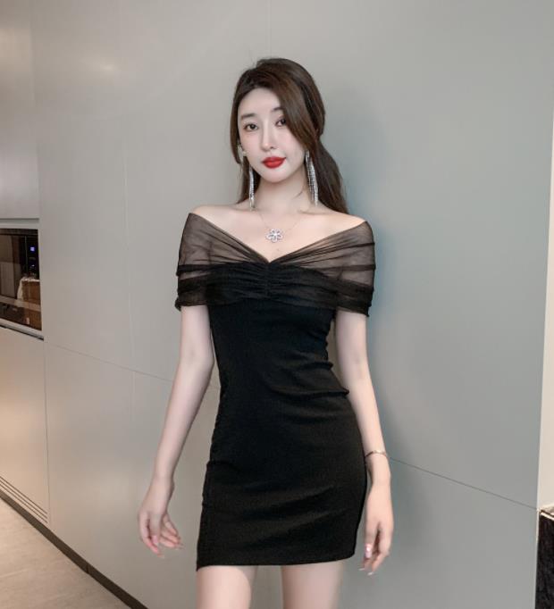 Mesh stitching sexy one-line neck tight-fitting hip dress