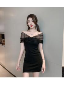 Mesh stitching sexy one-line neck tight-fitting hip dress