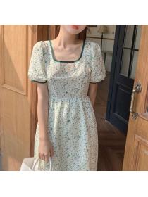 Summer square neck short-sleeved floral dress chiffon mid-length printed dress