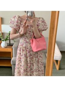 Korean fashion French floral puff sleeves square neck short sleeve Long dress