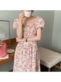 Korean fashion French floral puff sleeves square neck short sleeve Long dress