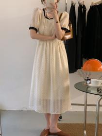 Korean fashion Round neck Slim waist Dot print Short-sleeved dress