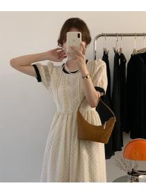 Korean fashion Round neck Slim waist Dot print Short-sleeved dress