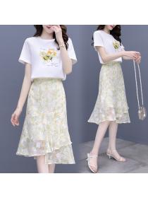 Summer new Sweet Floral T-shirt Chiffon skirt Outfits