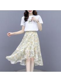 Summer new White Print T-shirt Floral Chiffon skirt Outfits