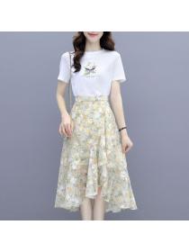 Summer new White Print T-shirt Floral Chiffon skirt Outfits