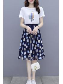 Summer new Round neck Print T-shirt Floral Chiffon skirt Matching Outfits
