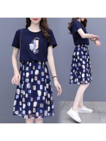 Summer new Round neck Print T-shirt Floral Chiffon skirt Matching Outfits