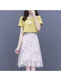 Summer new V neck Print T-shirt Floral Chiffon skirt Fashion Outfits
