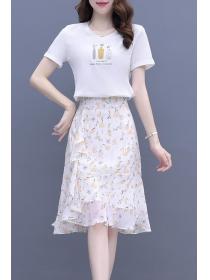 Summer new V neck Print T-shirt Floral Chiffon skirt Fashion Outfits