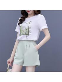 Summer new Simple style Round neck T-shirt Casual Short pants for women