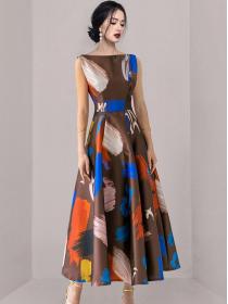 Temperament waist slim long skirt fashion printing large swing dress
