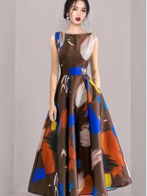 Temperament waist slim long skirt fashion printing large swing dress