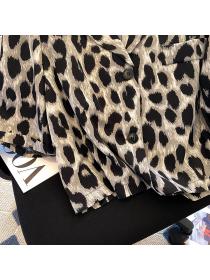 Korean style Leopard print Suit collar Short-sleeved blouse for women