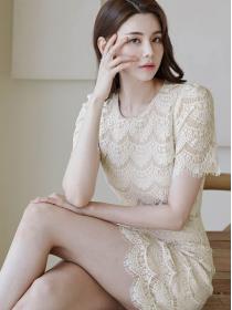 Korean Style temperament self-cultivation   two-piece waist thin lace fashion dress