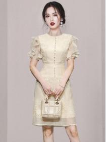 Elegant temperament waist slim beaded stitching lace dress