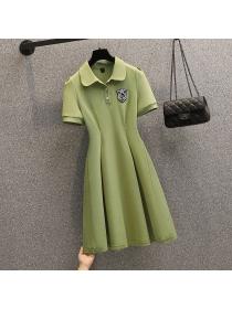 Summer dress plus size fashion casual Slim waist Polo-neck Embroidery short-sleeved dress