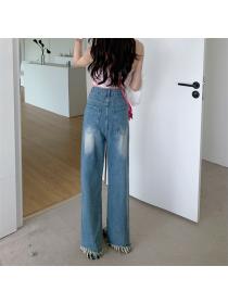 Vintage style high waist loose ripped straight wide leg jeans