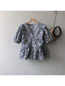 On Sale Summer New V neck Ruffle Floral Short--sleeved Blouse
