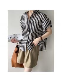 On sale Polo neck Stripe Summer fashion blouse