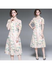 Outlet Lace Embroidered Dew Shoulder Slim Waist Print Dress Maxi Dress