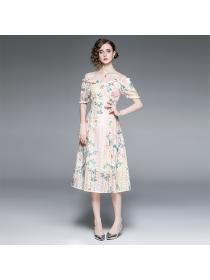 Outlet Lace Embroidered Dew Shoulder Slim Waist Print Dress Maxi Dress
