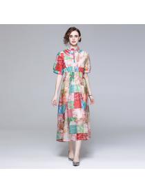 New arrival Polo neck Short-sleeved Print Dress for women