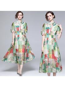 European fashion Round neck Short-sleeved Print Dress for women