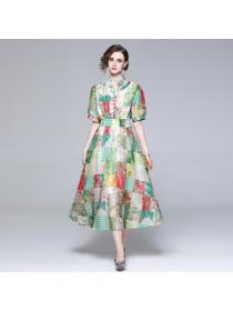 European fashion Round neck Short-sleeved Print Dress for women