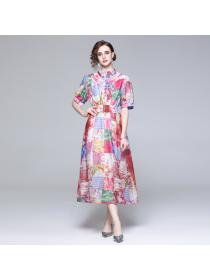 European fashion Round neck Buttons Short-sleeved Print Dress for women