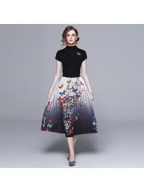 Women's Fashion Round neck Top gradient hand-painted mid-length skirt 2pcs set