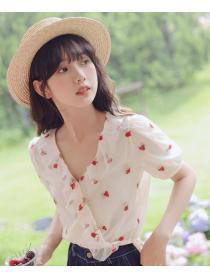 Rose Embroidered   V-Neck Puff Sleeve Mesh Fairy Top