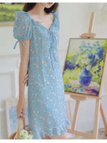  Floral Printing Puff sleeve sweet skirt