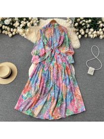 New style stand-neck long-sleeve wavy print dress