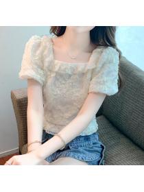 French square neck puff sleeve floral shirt