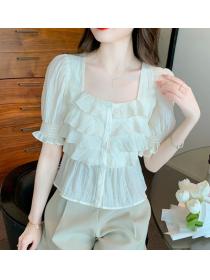 Square Neck Lace Shirt Ladies Summer Design Small Bubble Short Sleeves